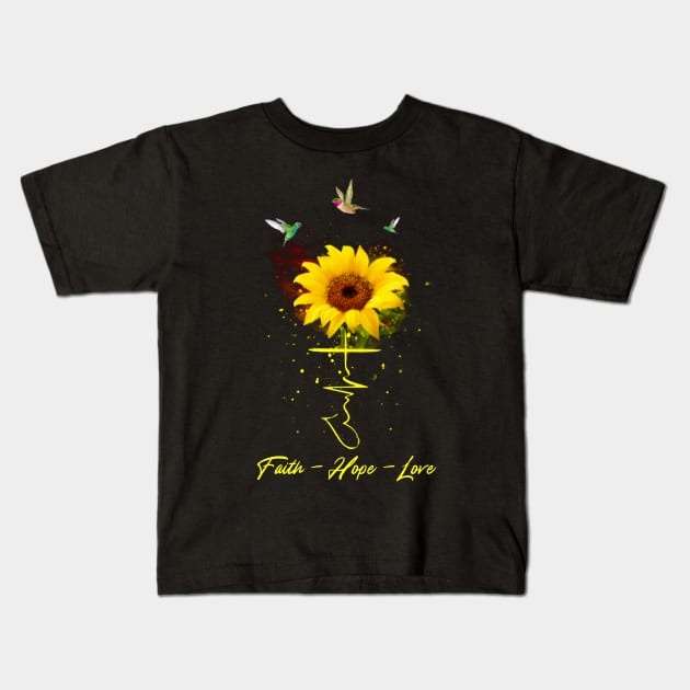 Sunflower Faith Hope Love Kids T-Shirt by Pelman